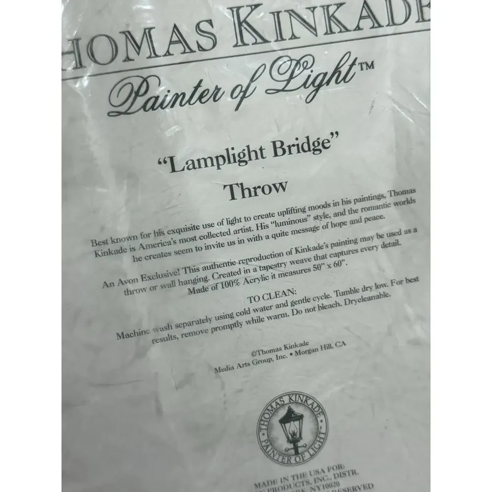 2002 Vintage Thomas Kinkade Tapestry Woven Throw Blanket Lamplight Bridge 50x60